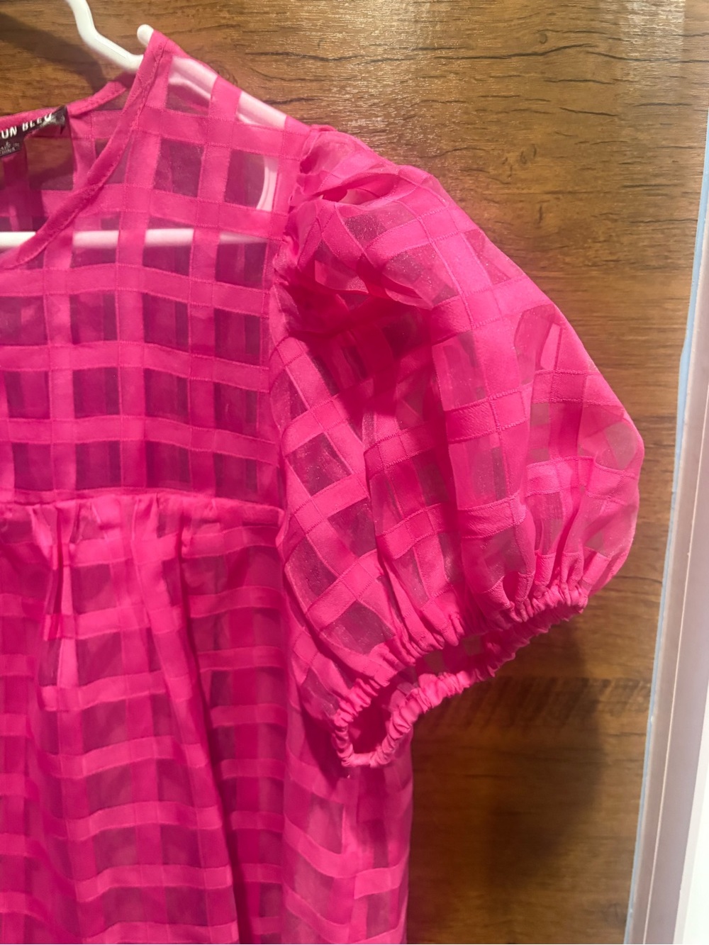 Cotton Bleu Bright Hot Pink Puff Sleeve Grid Babydoll Dress - Picture 4 of 8